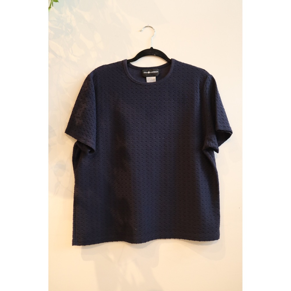 Sag Harbor Navy Blue Textured Short Sleeve Knit Top Crew Neck XL S53255